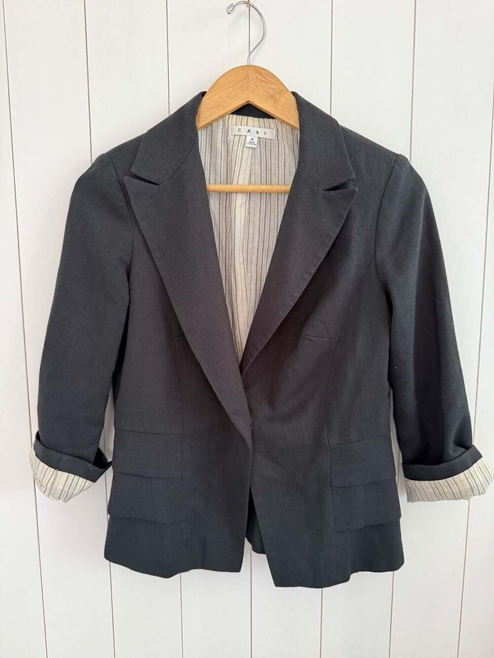 CAbi Blazer Size 4 Charcoal Gray Ruffle Tiered Peplum